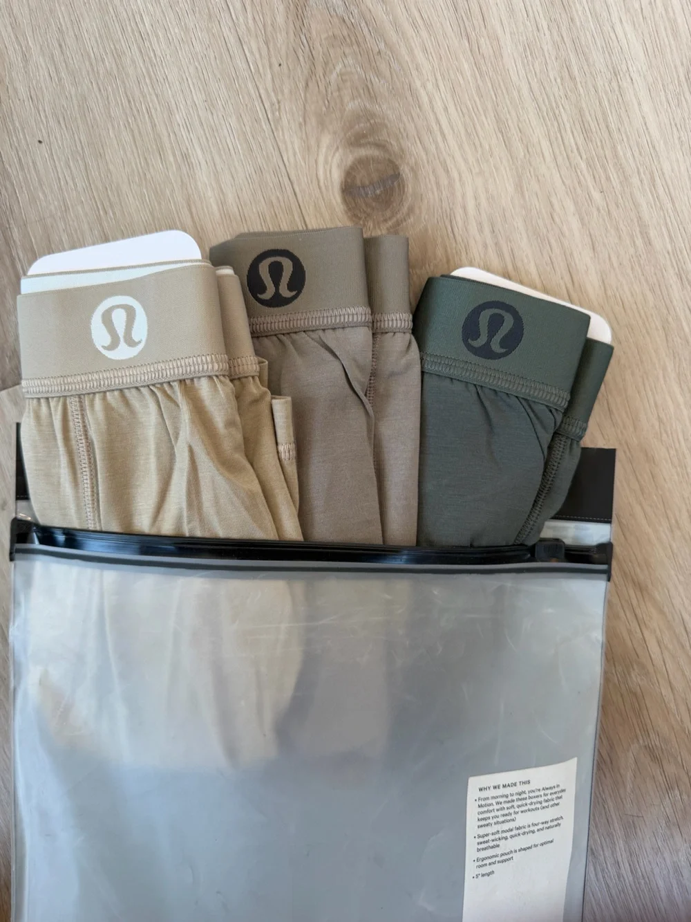 lululemon Always in MotionMen's 3-Pack Boxer Briefs – Beige, Taupe & Olive Green